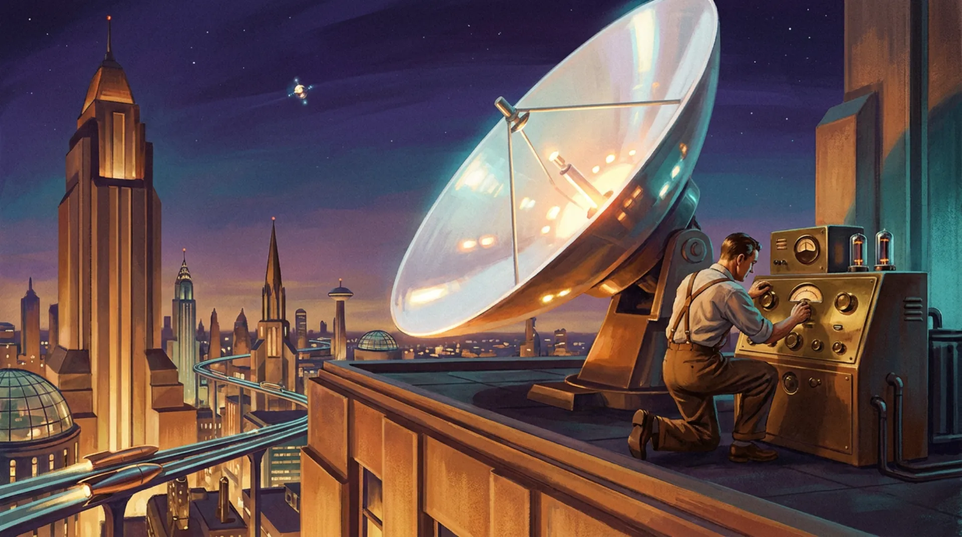 Dusk on the roof of an art-deco skyscraper: an enormous white parabolic dish aims at a violet sky while an engineer in suspenders adjusts a brass instrument panel. Below, a city of spires and elevated rocket rails; a small orbital station glints overhead.