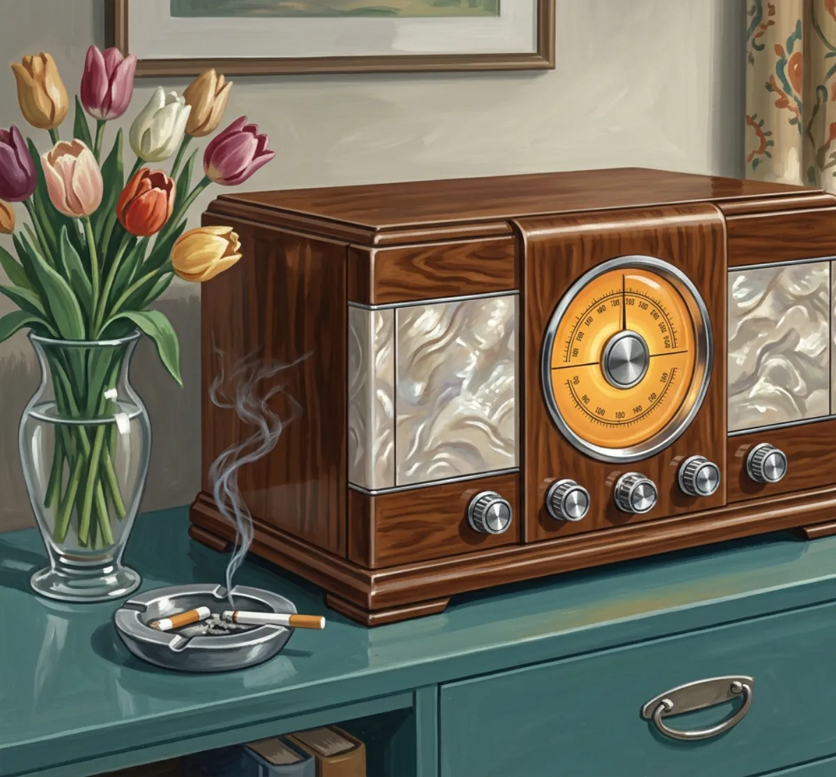 A 1950s living room: a polished walnut tabletop radio with a glowing amber dial, chrome knobs and swirling mother-of-pearl panels, on a teal console beside a vase of tulips and an ashtray with a lit cigarette.